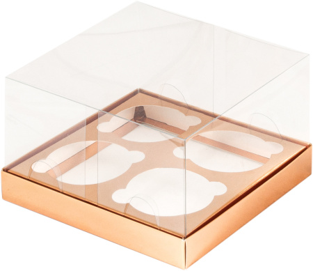 Коробка на 4 капкейка ПРЕМИУМ с прозрачной крышкой ЗОЛОТО 160х160х100мм