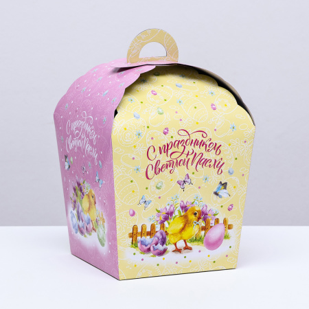 Коробка для кулича складная ЦЫПЛЕНОК розовая-желтая 14х14х26см