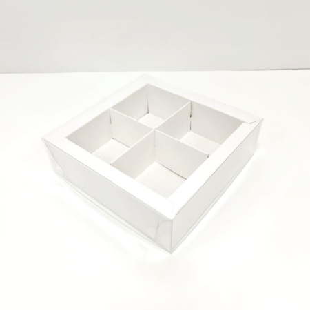 Коробка для десертов на 4 штуки 170х170х50 БЕЛАЯ с прозрачной крышкой