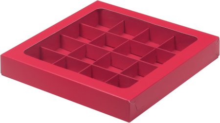 Коробка на 16 конфет с ОКНОМ 200х200х30мм КРАСНАЯ матовая
