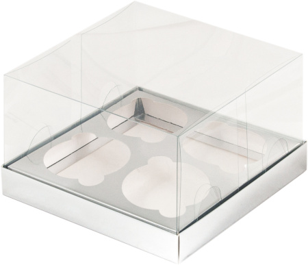 Коробка на 4 капкейка ПРЕМИУМ с прозрачной крышкой СЕРЕБРО 160х160х100мм