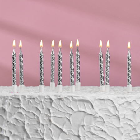 Свечи в торт "С днём рождения" СЕРЕБРО металлик 10 штук