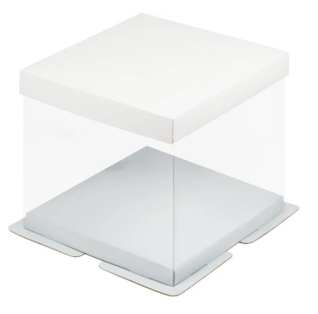 Коробка для торта ПРЕМИУМ прозрачная с пьедесталом 235х235х220 (белая)