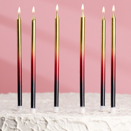 Свечи в торт "Ройс" градиент золото-красный-черный 13см 6 штук