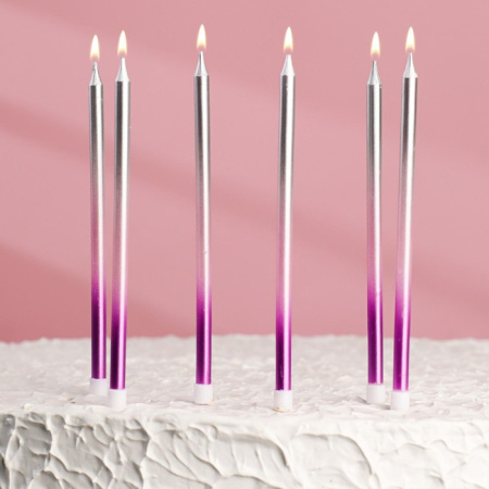 Свечи в торт "Ройс" градиент фиолетовый-розовый-серебро 13см (6 штук)