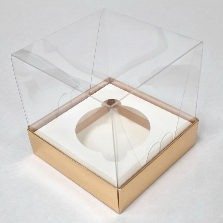 Коробка на 1 капкейк с прозрачным КУПОЛОМ 100х100х100мм ЗОЛОТО