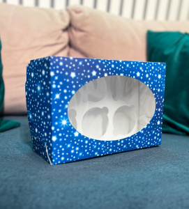 Коробка на 6 капкейков с ОВАЛЬНЫМ окном НОВОГОДНЯЯ СИНЯЯ 235х160х94мм