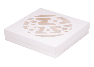 Коробка для клубники в шоколаде с прозрачным окном НОВОГОДНИЙ ШАР 200х200х40мм БЕЛАЯ