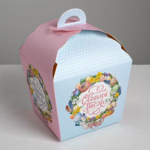 Коробка для кулича складная СВЕТЛОЙ ПАСХИ розово-голубая 14х14х26см