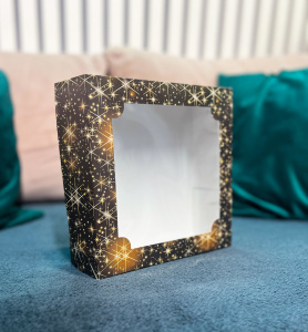 Коробка 200х200х70мм для зефира с окном НОВОГОДНЯЯ КОРИЧНЕВАЯ