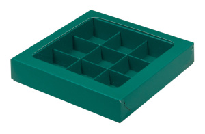 Коробка на 9 конфет с ОКНОМ 155х155х30мм ЗЕЛЕНАЯ матовая