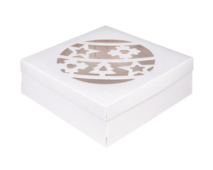 Коробка 200х200х70мм для зефира НОВОГОДНИЙ ШАР с прозрачным окном БЕЛАЯ