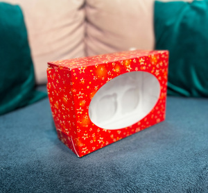 Коробка на 6 капкейков с ОВАЛЬНЫМ окном НОВОГОДНЯЯ КРАСНАЯ 235х160х94мм