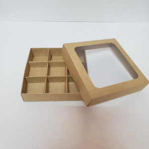 Коробка на 9 конфет с окном КРАФТ 135х135х30мм