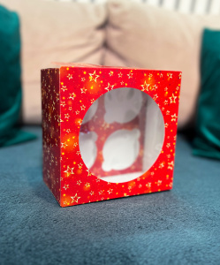 Коробка на 4 капкейка с КРУГЛЫМ окном НОГОДНЯЯ КРАСНАЯ 160х160х94мм