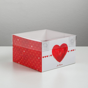 Коробка на 4 капкейка Ja t`aime сердце 16х16х10см (прозрачная крышка)