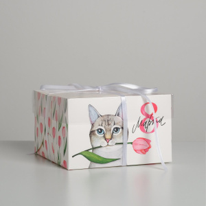 Коробка на 4 капкейка 8 марта котик с тюльпаном 16х16х10см (прозрачная крышка)