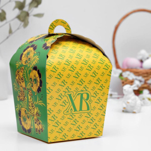 Коробка для кулича складная "ХВ" зеленая ХОХЛОМА 14х14х26см