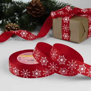 Лента репсовая новогодняя СНЕЖИНКИ 2,5см (23+/-1м) красная