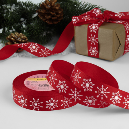Лента репсовая новогодняя СНЕЖИНКИ 2,5см (23+/-1м) красная