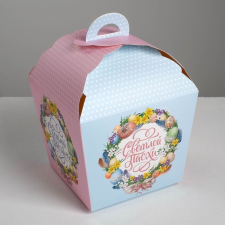 Коробка для кулича складная СВЕТЛОЙ ПАСХИ розово-голубая 14х14х26см