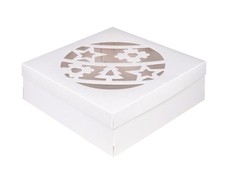 Коробка 200х200х70мм для зефира НОВОГОДНИЙ ШАР с прозрачным окном БЕЛАЯ