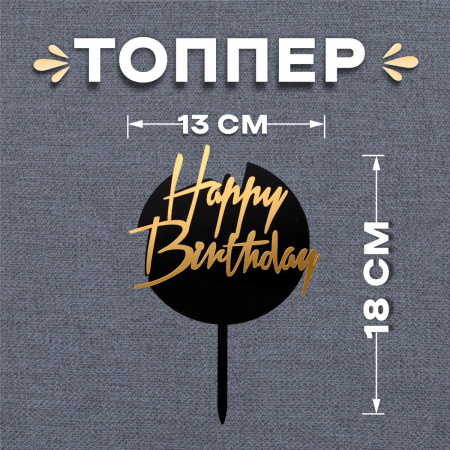 Топпер "Happy Birthday" КРУГЛЫЙ черно-золотой