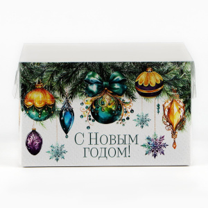 Коробка на 4 капкейка "С Новым Годом" еловые веточки 16х16х10см (прозрачная крышка)