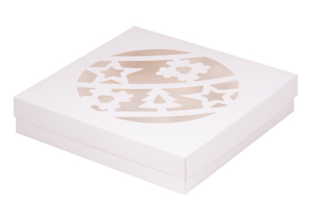 Коробка для клубники в шоколаде с прозрачным окном НОВОГОДНИЙ ШАР 200х200х40мм БЕЛАЯ